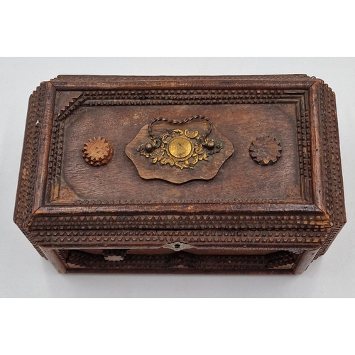 405 - Primitive tramp art casket hinged lid with gilt handle enclosing a paper lined interior with mirror,... 