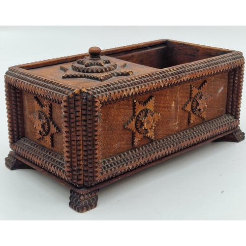 406 - Primitive tramp art box/caddy the lid enclosing a red painted interior, 40cm x 24cm with a further t... 