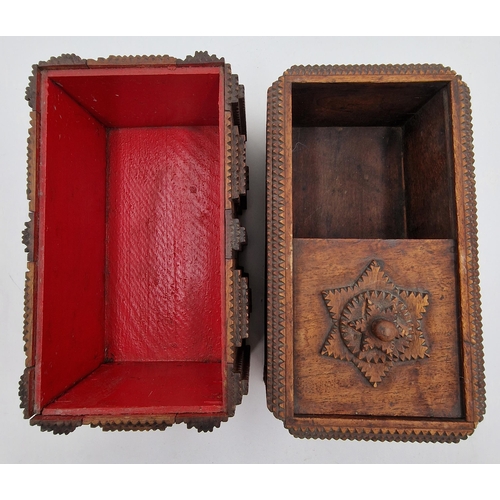 406 - Primitive tramp art box/caddy the lid enclosing a red painted interior, 40cm x 24cm with a further t... 