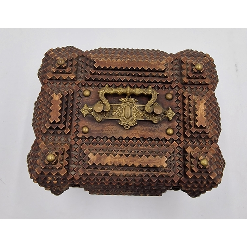 407 - Good primitive tramp art box with gilt brass handle and brass studded decoration hinged lid enclosin... 