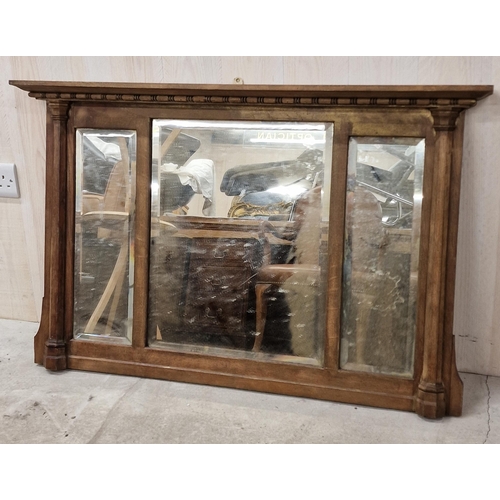 1183 - Arts and Crafts fumed oak triptych wall mirror with original bevelled plate and turned pilasters, 66... 