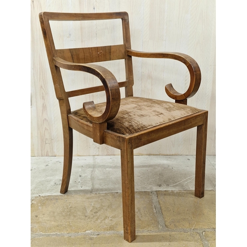 1229 - A good and unusual Art Deco burr walnut veneered carver or bridge chair with scrolled arms and drop ... 