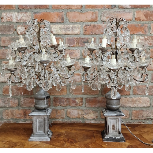 1137 - Pair of Venetian style candelabra table lamps, with various scroll branches with prismatic glass dro... 