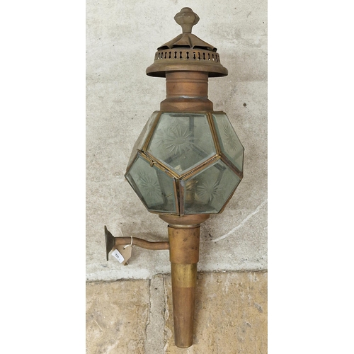 1139 - Good brass carriage lamp with hexagonal cut glass panels, 48cm high