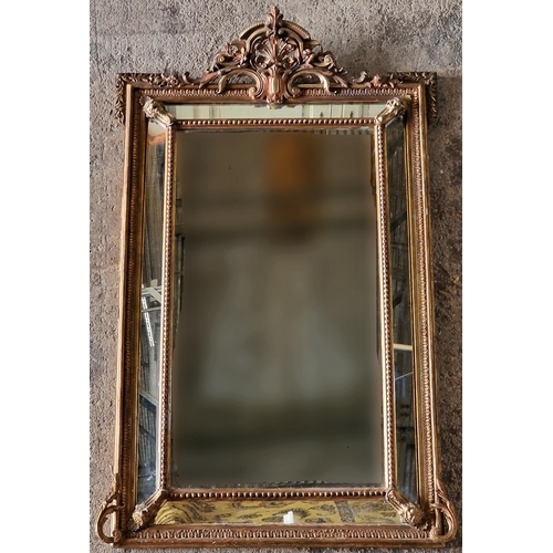 1186 - Good giltwood and gesso cushion wall mirror, with pierced scrolled pediment and further beaded, dart... 