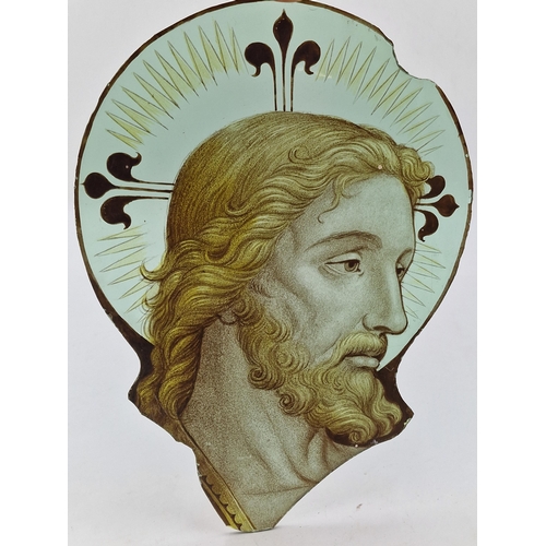 355 - Antique stained glass panel on the head of Christ, believed to be reclaimed from Coventry Cathedral ... 