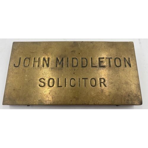 422 - Inscribed brass plaque 'John Middleton, solicitor', believed to be the great great grandfather of Ka... 