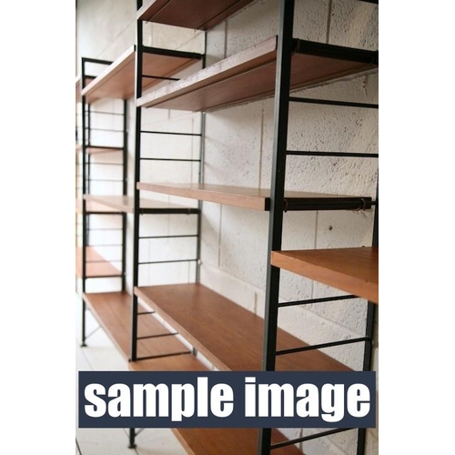 1208 - Large collection of Staples Ladderax shelving, comprising 6 ebonised steel frames, 35 90cm shelves, ... 