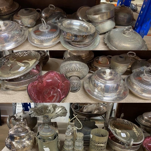 127 - Large collection of silver plate to include muffin dishes, teapots, bonbon dishes, tazza, sweet bask... 