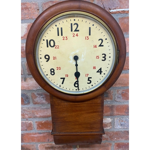 64 - 19th century railway single fusee drop dial wall clock, the painted enamel dial with Arabic numerals... 