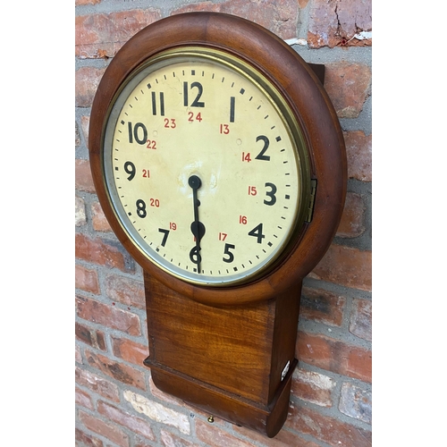 64 - 19th century railway single fusee drop dial wall clock, the painted enamel dial with Arabic numerals... 