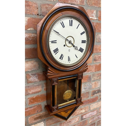 65 - Twin train Biedermeier architectural wall clock, pendulum and key, 88cm high