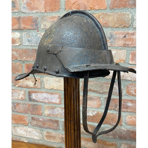 455 - Period black Cromwell or Roundhead Pikemans Pot or Lobster Tail helmet, hinged face guard, open rive... 