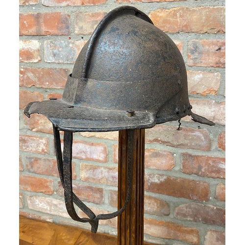 455 - Period black Cromwell or Roundhead Pikemans Pot or Lobster Tail helmet, hinged face guard, open rive... 