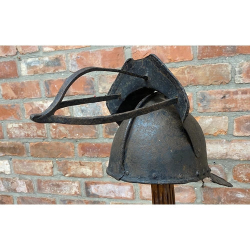 455 - Period black Cromwell or Roundhead Pikemans Pot or Lobster Tail helmet, hinged face guard, open rive... 