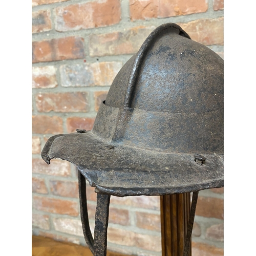 455 - Period black Cromwell or Roundhead Pikemans Pot or Lobster Tail helmet, hinged face guard, open rive... 