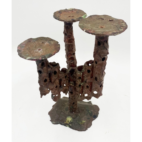 384 - Possibly Italian mid-century brutalist steel candelabra, 29cm high