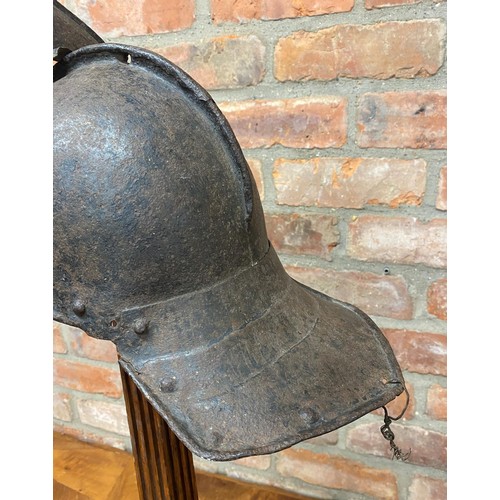 455 - Period black Cromwell or Roundhead Pikemans Pot or Lobster Tail helmet, hinged face guard, open rive... 