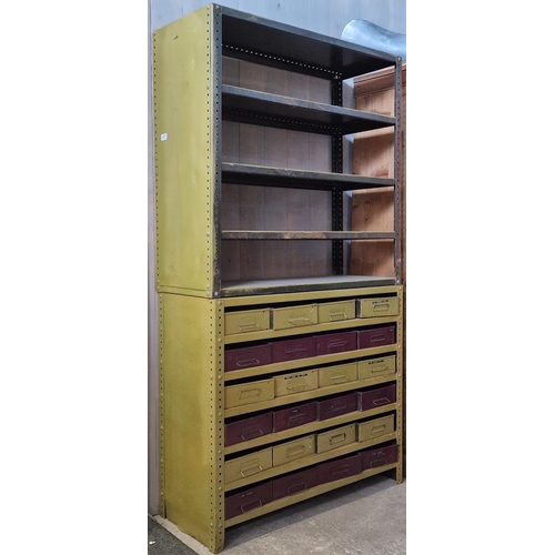 1224 - Vintage industrial steel dresser the shelved top over a bank of 24 drawers, 183cm x 99cm.