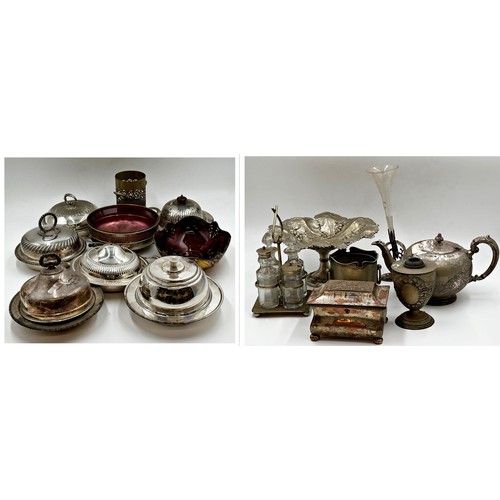 127 - Large collection of silver plate to include muffin dishes, teapots, bonbon dishes, tazza, sweet bask... 