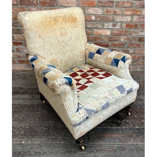 1377 - Victorian Howard style lounge chair with American patchwork type upholstery, 94cm high x 84cm wide