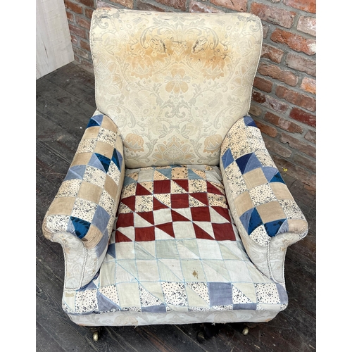 1377 - Victorian Howard style lounge chair with American patchwork type upholstery, 94cm high x 84cm wide