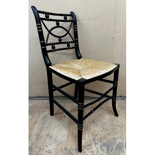 Antique ebonised Arts and Crafts Sussex side chair with rush seat, 82cm high