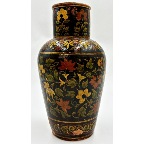 402 - 19th Century Spanish glazed terracotta baluster vase with scrolled floral decoration upon a deep gro... 