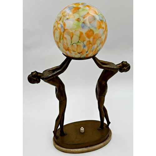 1157 - Exceptional quality Art Deco figural table lamp a mottled glass shade held aloft by two gilt metal l... 