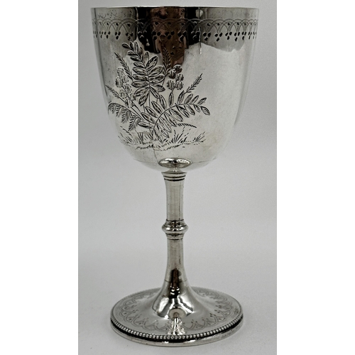 192 - Victorian silver goblet, engraved with fern sprays, maker H J Lias & Son, London 1873, 14cm high, 3.... 