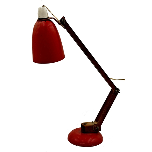 1152 - Vintage early Terence Conran Maclamp in red colourway with articulated wooden arm, 48cm high approx