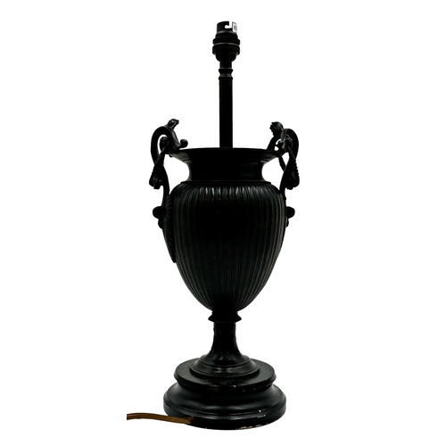 1153 - Neo classical style cast metal fluted baluster table lamp with twin wreath ring handles, 44cm high