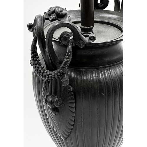 1153 - Neo classical style cast metal fluted baluster table lamp with twin wreath ring handles, 44cm high