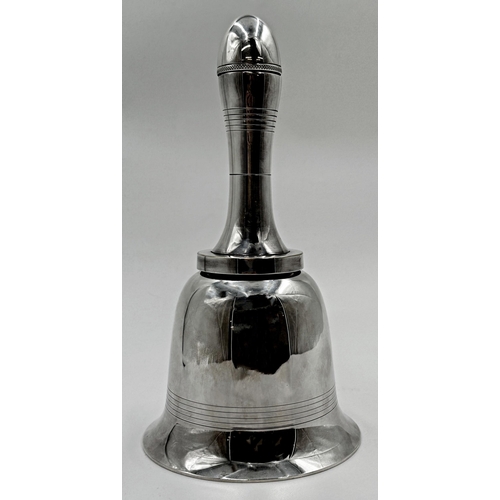 322 - Good quality novelty silver plated cocktail shaker in the form of a hand bell, with turned handle an... 