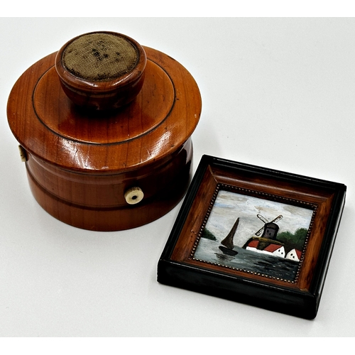 551 - Good quality fruitwood string or sewing box, with pincushion to the lid, with label to the base insc... 