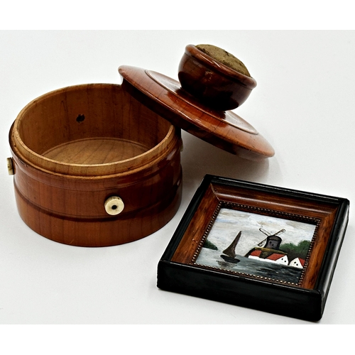 551 - Good quality fruitwood string or sewing box, with pincushion to the lid, with label to the base insc... 