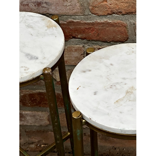 1216 - Pair of contemporary painted metal occasional tables with marble tops, 64cm high