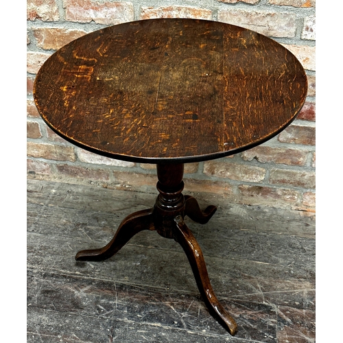 1304 - Antique oak tilt top table on turned tripod base, 70cm high