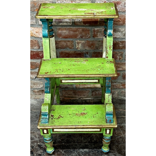 1305 - Vintage pine library steps with distressed painted finish, turned legs and reeded column supports, 8... 