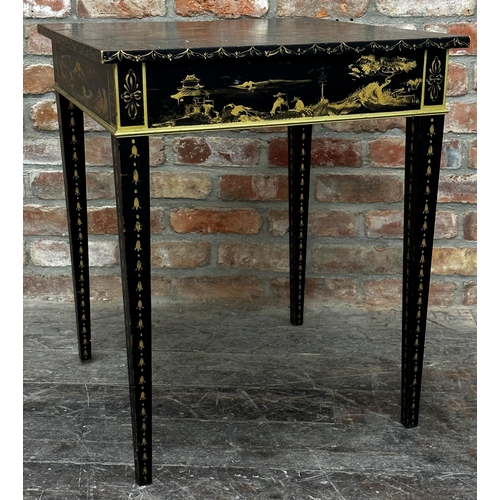 1307 - Ebonised side table with gilt chinoiserie decoration and square tapered legs, 72.5 x 61cm