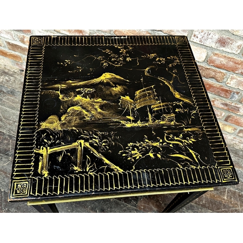 1307 - Ebonised side table with gilt chinoiserie decoration and square tapered legs, 72.5 x 61cm