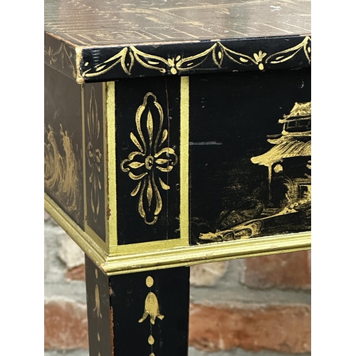 1307 - Ebonised side table with gilt chinoiserie decoration and square tapered legs, 72.5 x 61cm