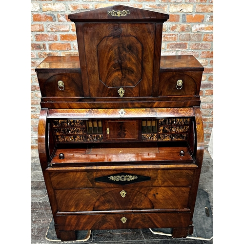 1309 - 19th century Biedermeier mahogany secretaire barrel top bureau, the fitted interior with leather ins... 