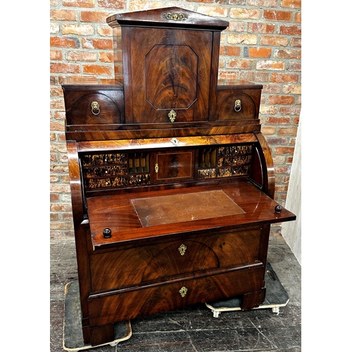 1309 - 19th century Biedermeier mahogany secretaire barrel top bureau, the fitted interior with leather ins... 