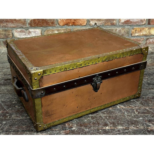 352 - Vintage copper and brass suitcase with studded edges and leather handles, 28 x 64cm