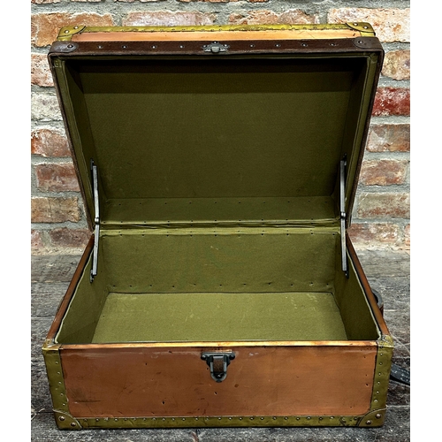 352 - Vintage copper and brass suitcase with studded edges and leather handles, 28 x 64cm