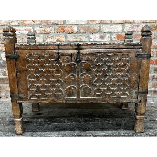 1312 - Antique Pakistani chest with central carved panel and iron strap work fittings, 63 x 92cm