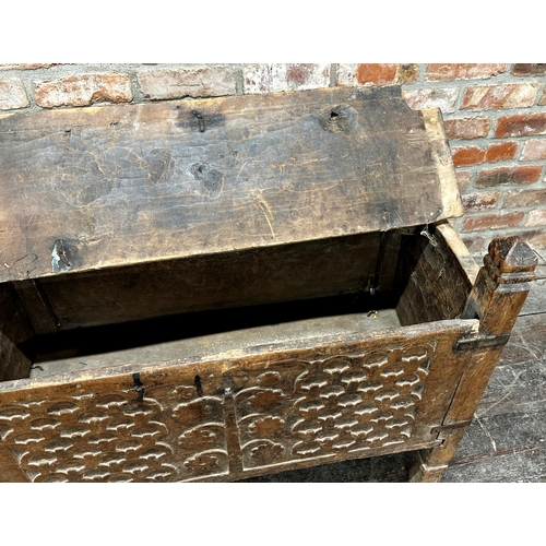 1312 - Antique Pakistani chest with central carved panel and iron strap work fittings, 63 x 92cm