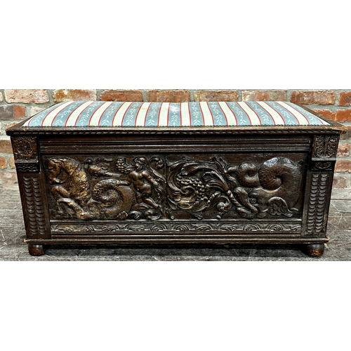 1314 - Antique Neo Classical ottoman with carved panels and upholstered top, 53 x 109.5 x 48cm