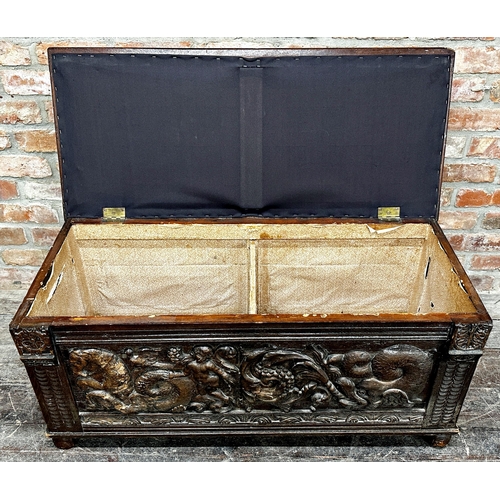 1314 - Antique Neo Classical ottoman with carved panels and upholstered top, 53 x 109.5 x 48cm